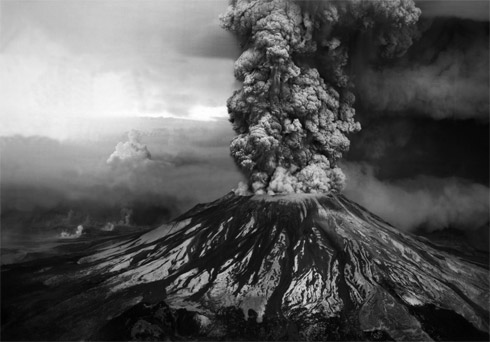 Ash billows from the crater where the summit of Mount St. Helens had been only hours earlier during a huge eruption on May 18th, 1980. (USGS/Robert Krimmel)